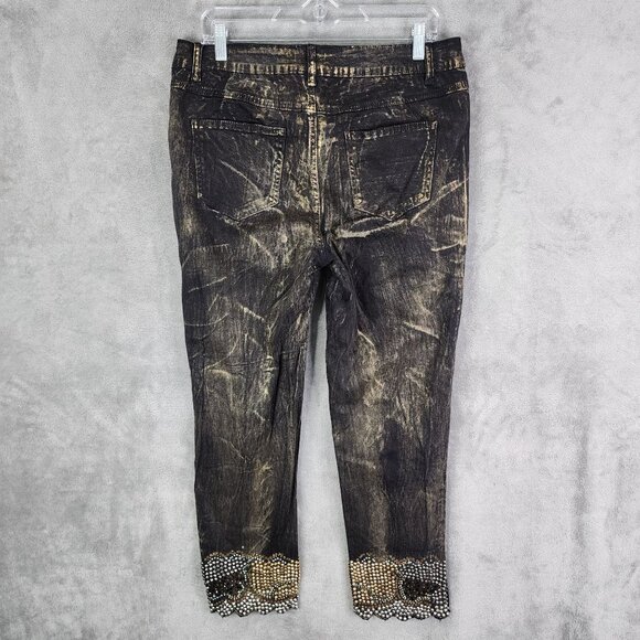 Womens Black Gold Luxe Moda Denim Jeans Rhinestone Embellished Side Zippers 12 - Picture 8 of 13